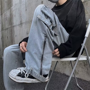 复古牛仔裤子男夏季设计感小众大口袋高街工装裤N5037P53图片