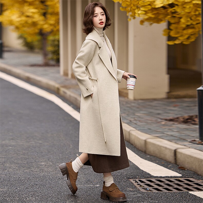 双面羊毛大衣女中长款秋冬2025新款高级感西装领系带收腰毛呢外套,女装双面呢大衣,魅丽静蓝