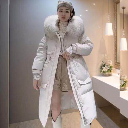 大貉子毛领收腰设计长款90绒羽绒服图片