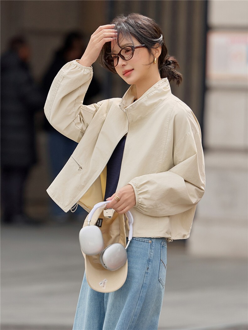 2026年秋季新款立领短外套女宽松休闲带口袋夹克上衣百搭纯色风衣,女装短外套,梦懿尔