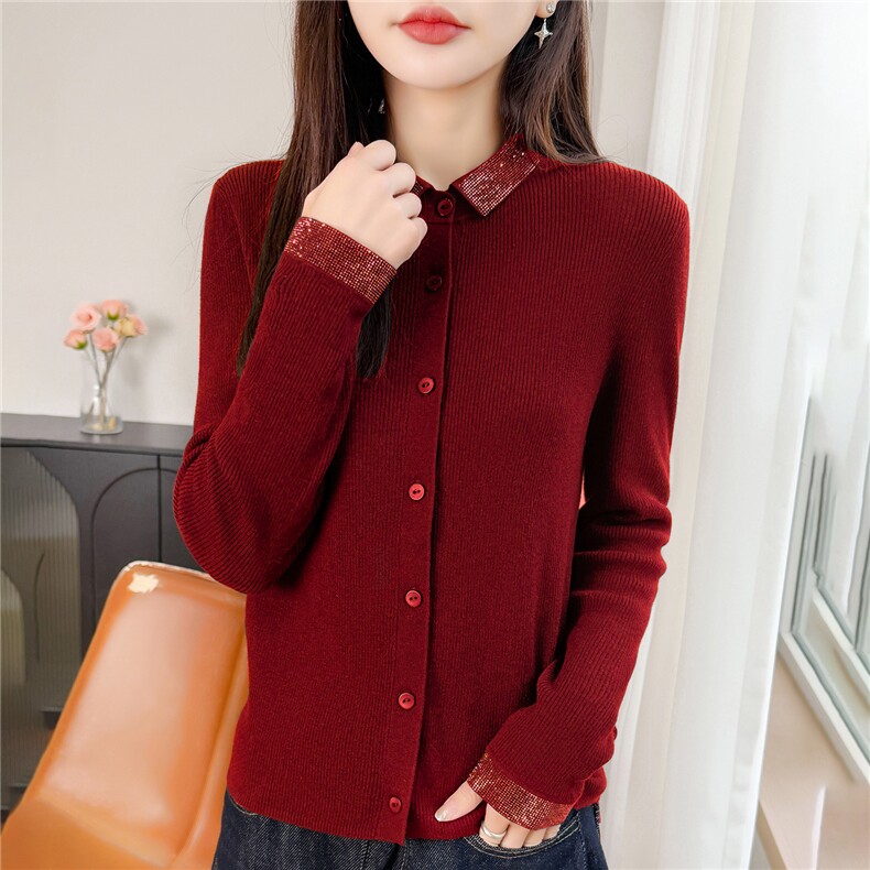2026年秋季时尚百搭休闲羊毛烫钻开衫，女装羊毛衫，佳绒包芯纱店