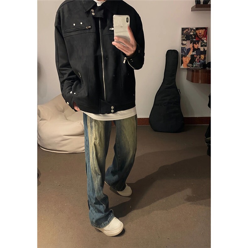 麂皮绒解构短款外套男春秋款美式高街机车服高级感潮牌飞行员夹克,男装夹克,星座506A