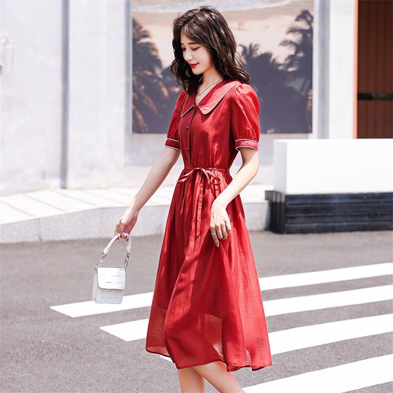 娃娃领天丝连衣裙女2022年夏季新款法式复古洋气气质中长款裙子,女装连衣裙,辉之琳