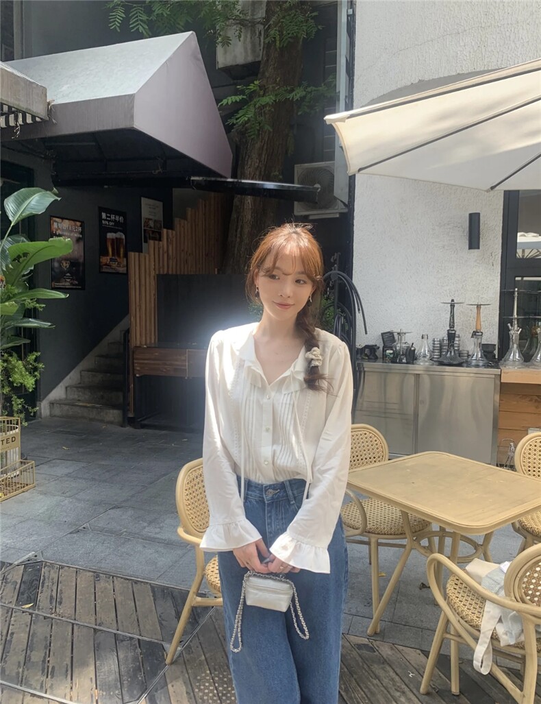 秋冬百搭浪漫莱赛尔荷叶边领设计感气质长袖衬衫,女装衬衫,湘姗