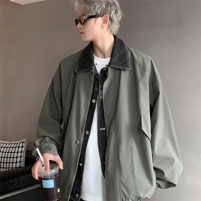 假两件牛仔拼接外套男2024春秋季新款美式痞帅宽松休闲夹克CT147,男装夹克,星座1116A（原606A-3）
