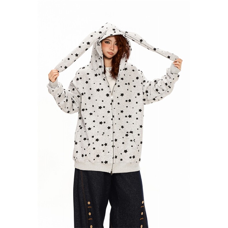 满印星星兔耳朵设计重磅全棉高品质美式高街连帽卫衣外套Y7816，女装短外套，电商A486-1