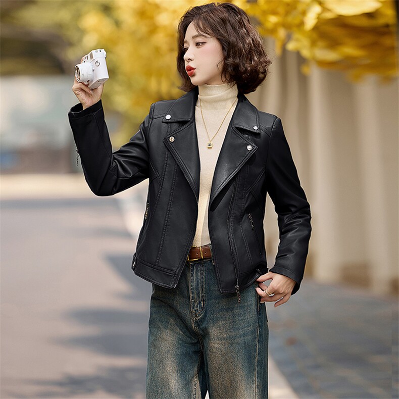 【现货主推】2024冬季新款复古高级感机车皮加绒皮衣外套,女装皮衣,魅丽静蓝