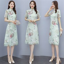 2023夏装新款简约时尚旗袍领设计优雅气质修身显瘦连衣裙，女装连衣裙，媚琳依坊