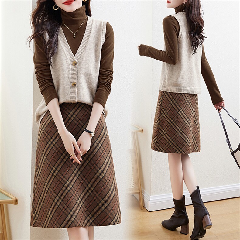 时尚套装女秋季2023新款气质穿搭高领打底衫针织马甲半身裙三件套，女装套装/套裙，欣贝拉