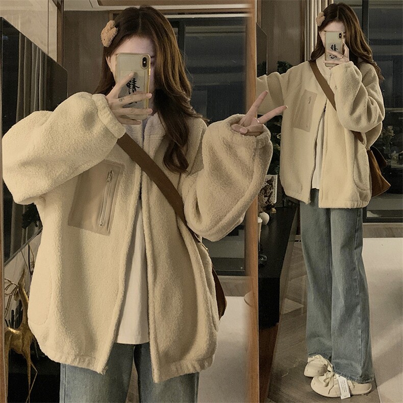 C894-P120 羊羔毛加绒外套女秋冬季美式宽松连帽开衫上衣图片