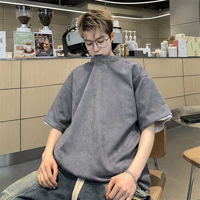 港风大码日系复古麂皮绒宽松套头圆领短袖T恤XZ213-T062-P35控48,男装T恤,星座213