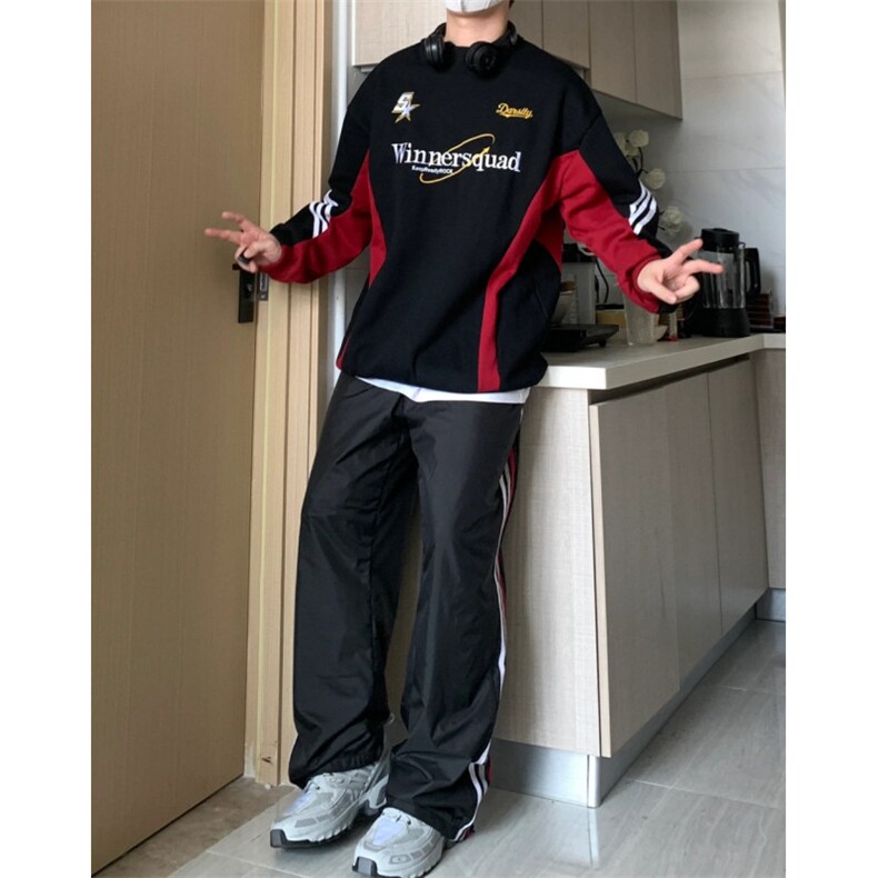 美式复古拼接polo翻领衬衫条纹字母刺绣休闲百搭宽松长袖卫衣,男装衬衫,星座601-1