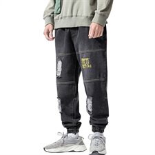2021春季新日系大码男字母印花破洞拼接束脚九分牛仔裤N8102-P55，男装牛仔裤，电商A001