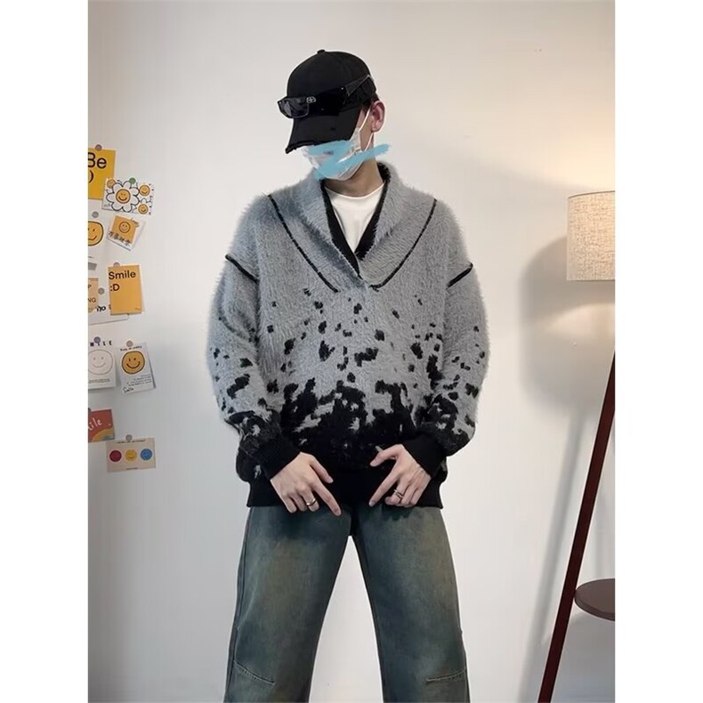 小众V领圣诞新年毛衣男冬季宽松慵懒风仿貂绒套头针织衫MY428P62,男装针织衫/毛衣,星座1013-5