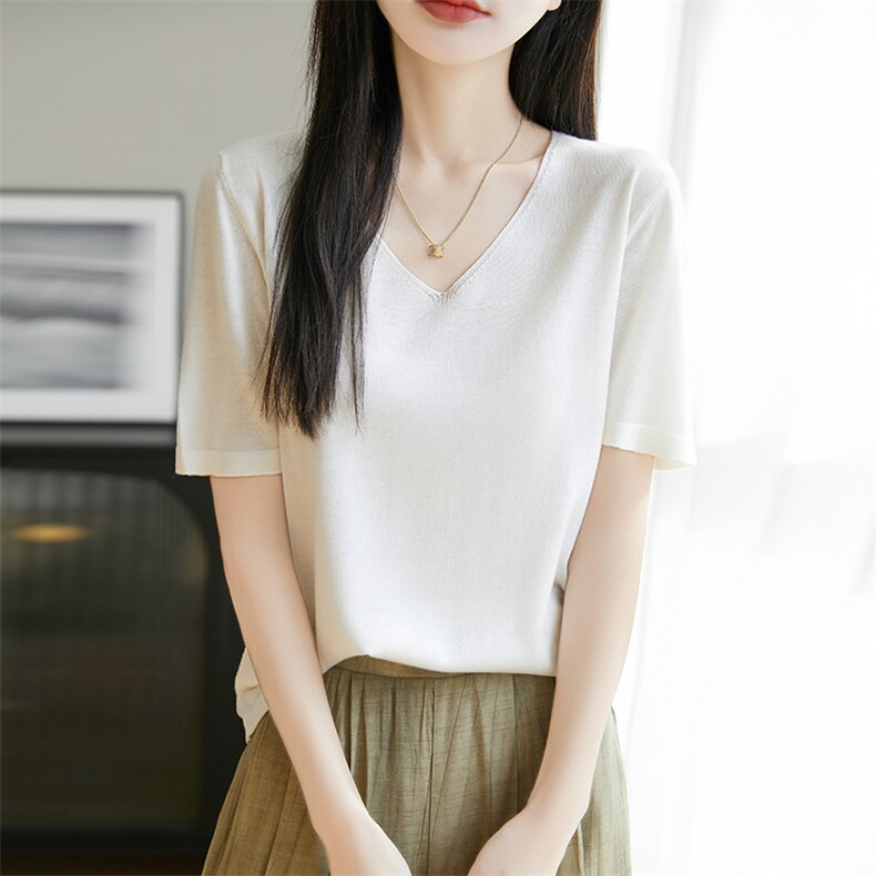 纯棉V领针织短袖T恤女2025夏透气宽松显瘦减龄正肩t恤打底衫上衣,针织衫/毛衣,朝思羊绒