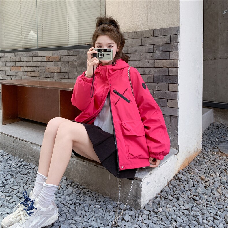 玫红色连帽工装外套女2025秋季新款韩系超好看小个子休闲百搭夹克,女装短外套,2C266