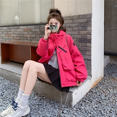 玫红色连帽工装外套女2025秋季新款韩系超好看小个子休闲百搭夹克，女装短外套，2C266