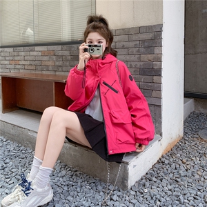 玫红色连帽工装外套女2025秋季新款韩系超好看小个子休闲百搭夹克图片