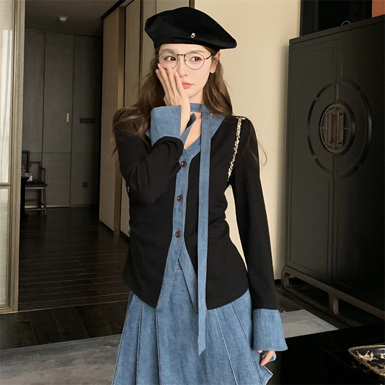 甜美牛仔拼接百褶短裙套装女春秋小个子两件套超火爆款高级感减龄，女装套装/套裙，浙宝276（原081）