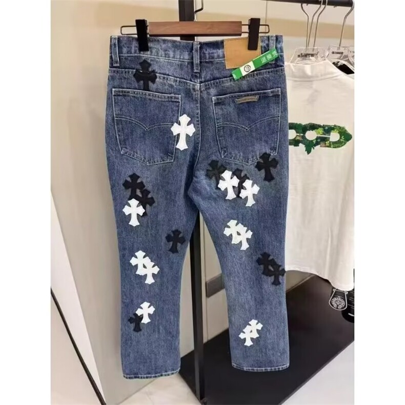 新款潮十字架梵文贴皮水洗牛仔裤男女宽松高街直筒长裤AMS31P68,男装皮裤,星座1013-5