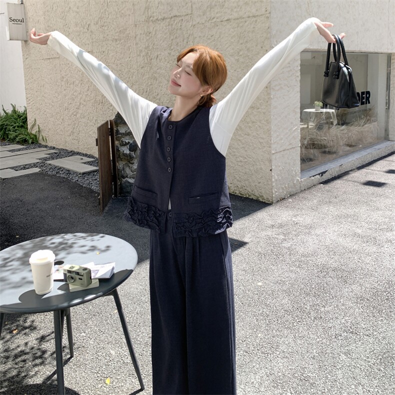 藏青色休闲阔腿裤套装女秋季2025新款韩系设计感木耳边马甲两件套,女装套装/套裙,2C129