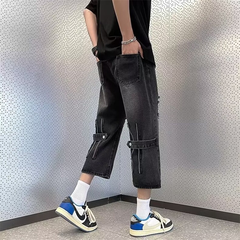 破洞牛仔裤男夏季美式高街vibe裤子潮牌嘻哈七分裤青少年休闲短裤,男装牛仔裤,星座410-6（原星座1304-1）