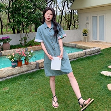 POLO领牛仔连衣裙女夏2024年新款港风宽松显瘦小个子减龄连衣裙，女装连衣裙，辉之琳