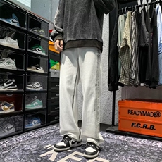 DD2093-P48高街裤子设计感拼接毛边牛仔裤男宽松直筒vibe阔腿裤，男装牛仔裤，电商C233