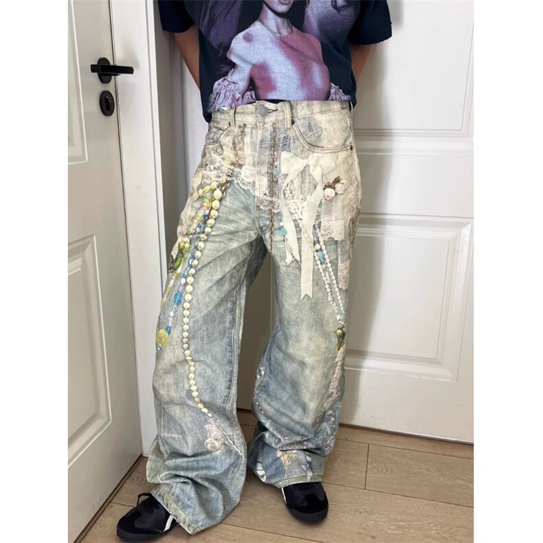 美式高街水洗重工设计感印花蕾丝珍珠炼条直筒牛仔裤LG2022-p58，男装牛仔裤，星座1008