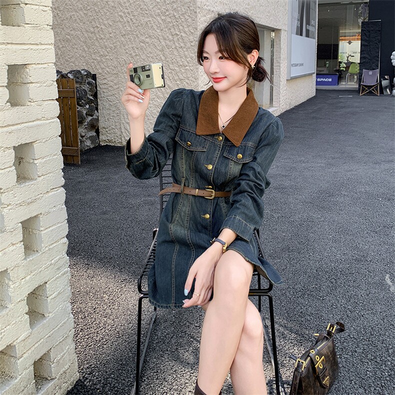 （）2026春装新复古色牛仔连衣短裙（配腰带）1D060-165-258,女装连衣裙,1D060