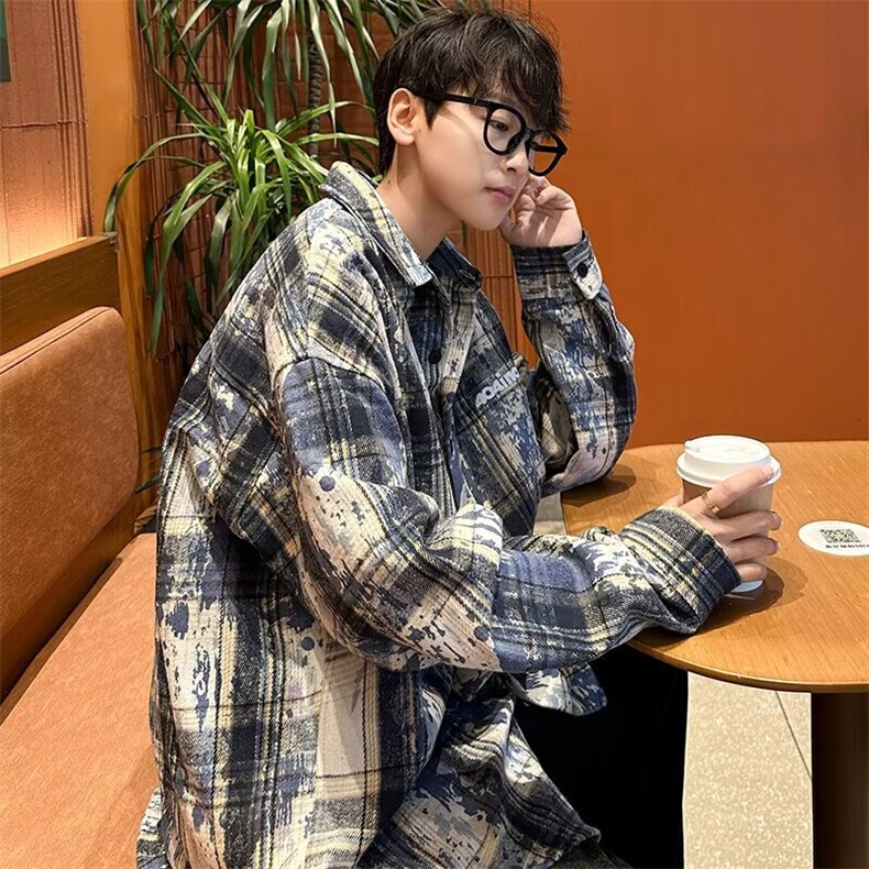 HJ45日系ins翻领潮流简约时尚港风少年感格子长袖衬衫男常规宽松,男装衬衫,星座308A-1（原309B-1）