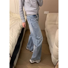 美式复古蓝色水洗弯刀牛仔裤男女宽松情侣抽绳裤子K7096-P48网图，男装牛仔裤，电商B245