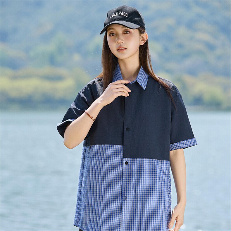拼接格子衬衫夏季2025新款短袖衬衣休闲外套女A406C6059特P40,男装衬衫,星座309（原A406）