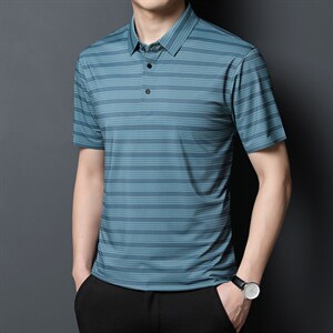 条纹短袖T恤男夏季爸爸装polo衫时尚透气男士中年休闲半袖T恤P55图片