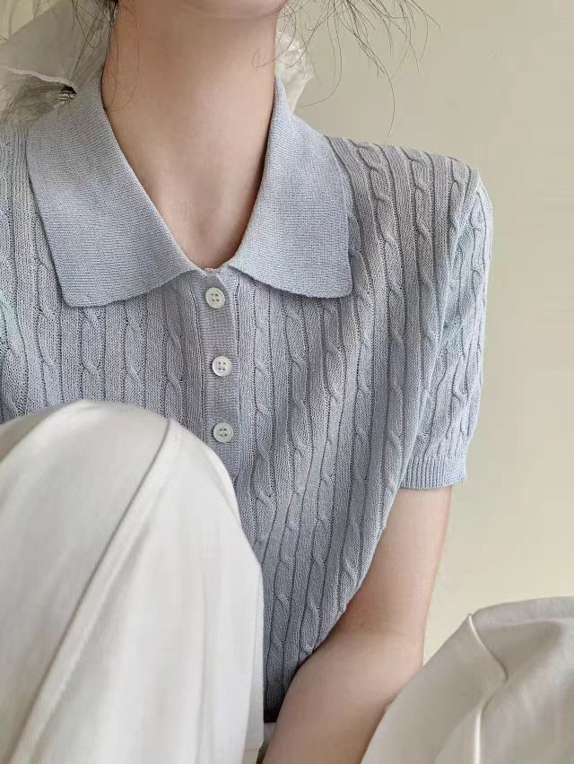 2025夏季翻领小麻花短袖,针织衫/毛衣,兰叶羊绒