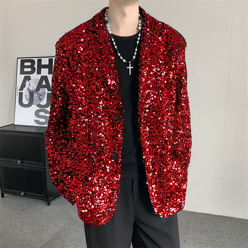 春秋闪闪亮珠片红色亮面晚会年会舞台装男演出服西装夜店歌手外套，男装西服，星座909