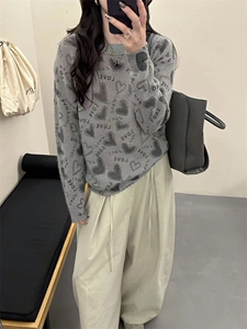 2025年秋季常规单件马海毛爱心印花套头时尚百搭休闲，女装针织衫/毛衣，臻纶羊绒