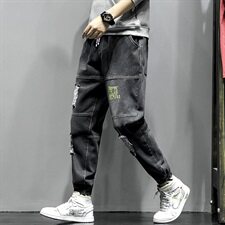2021春季新大码日系束脚字母印花破洞拼接九分牛仔裤男N8102-P55，男装牛仔裤，电商A001