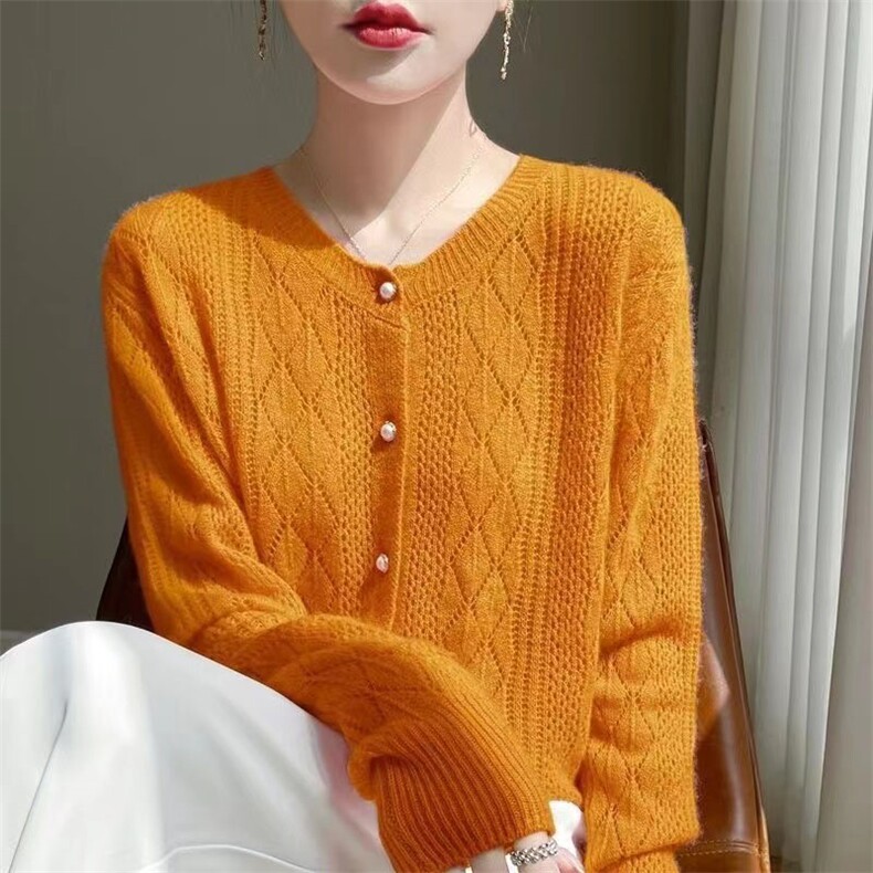 100%纯羊毛开衫女24秋冬圆领镂空钩花长袖毛衣宽松羊绒衫针织外套,针织衫/毛衣,萱芳婷羊绒