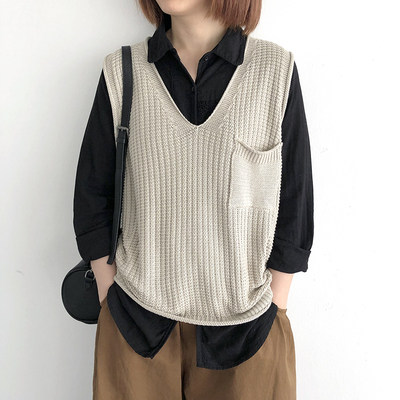 短款套头针织马甲背心冬季宽松大码女装纯色毛衣马夹V领坎肩上衣,女装马甲,洁纯羊绒