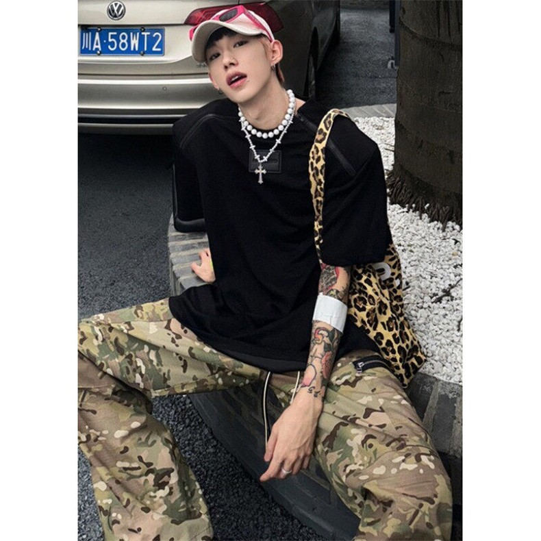 复古灰色正肩t恤潮牌欧美vintage解构拉链垫肩短袖男半袖T65,男装T恤,星座1116A（原606A-3）