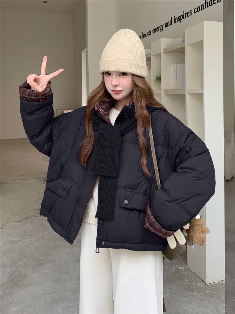 现货新款韩版宽松立领撞色格子袖口羽绒服短款外套面包服,女装羽绒服,网红馆
