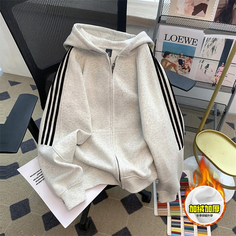 480G重磅加绒硬挺boxy男女秋冬美式高街结构三条杠卫衣开衫厚外套,女装短外套,电商A486-1