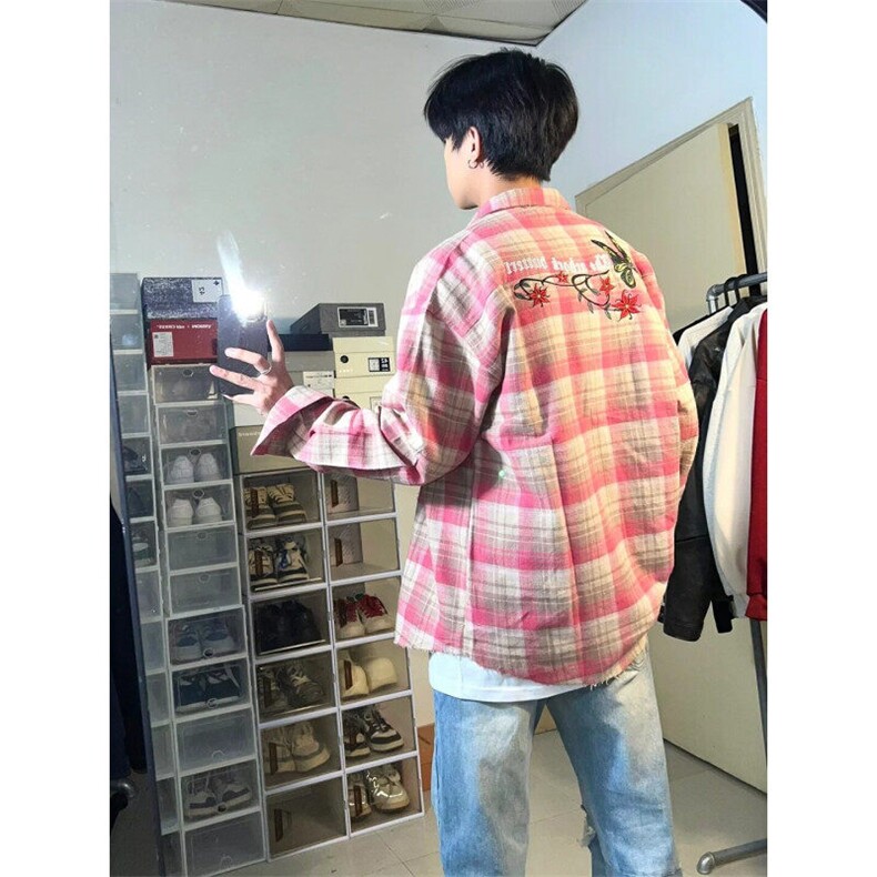 SC268LL-特P38cleanfit格子刺绣衬衫男设计感小众情侣装衬衣,男装衬衫,星座1007（原301D）