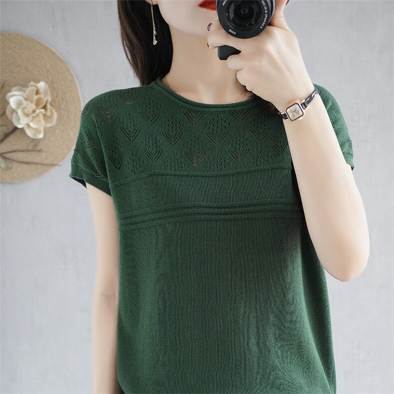 棉麻针织短袖t恤女亚麻2025夏季新款纯棉宽松打底圆领镂休闲上衣，女装T恤，秋虹羊绒