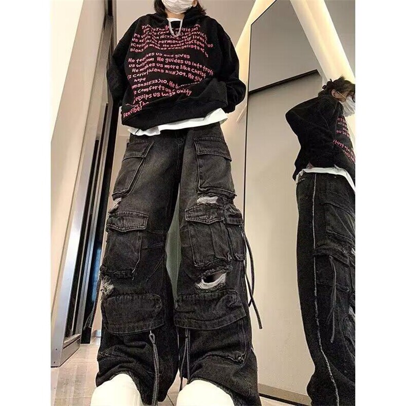黑色多口袋破洞牛仔工装裤女2025美式重工设计感宽松直筒阔腿裤子,男装牛仔裤,星座506A