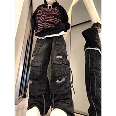 黑色多口袋破洞牛仔工装裤女2025美式重工设计感宽松直筒阔腿裤子，男装牛仔裤，星座506A