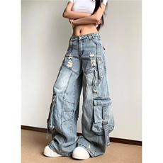 大码美式辣妹重工口袋工装牛仔裤女2025解构设计拖地裤RK3089-P78，男装牛仔裤，星座412-1