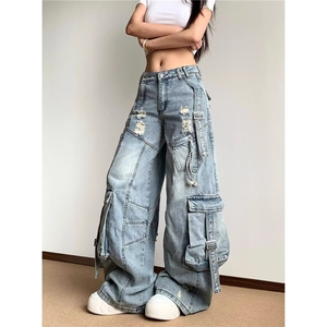 大码美式辣妹重工口袋工装牛仔裤女2025解构设计拖地裤RK3089-P78图片