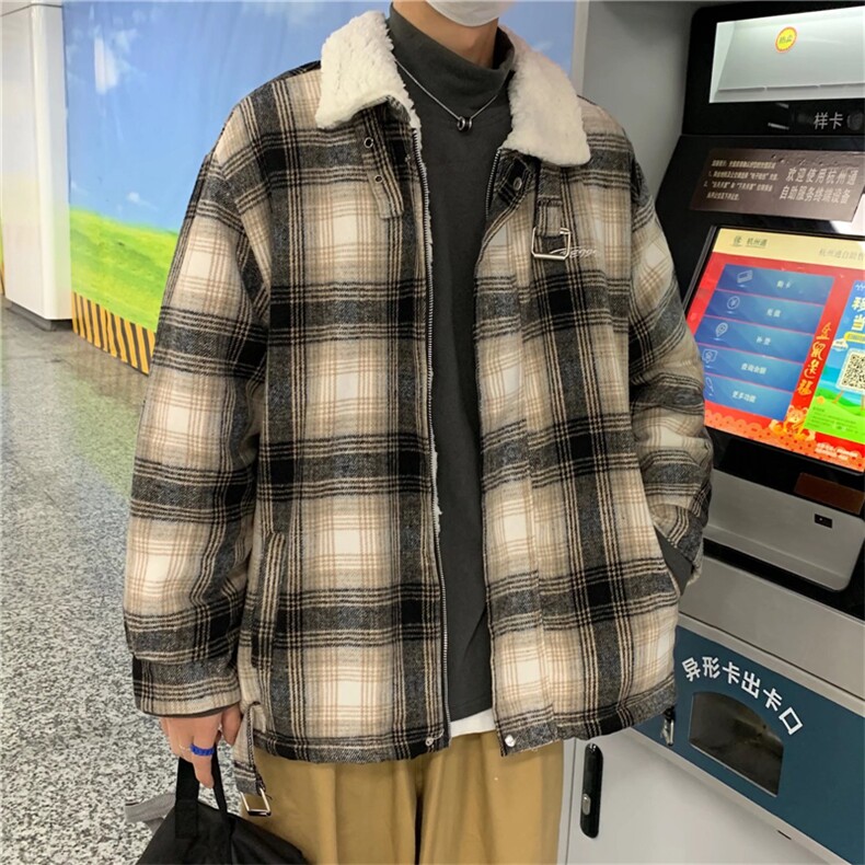 羊毛羔外套男冬装加绒复古格子棉衣oversize棉服男士W6144-P79,男装棉衣,星座512-2